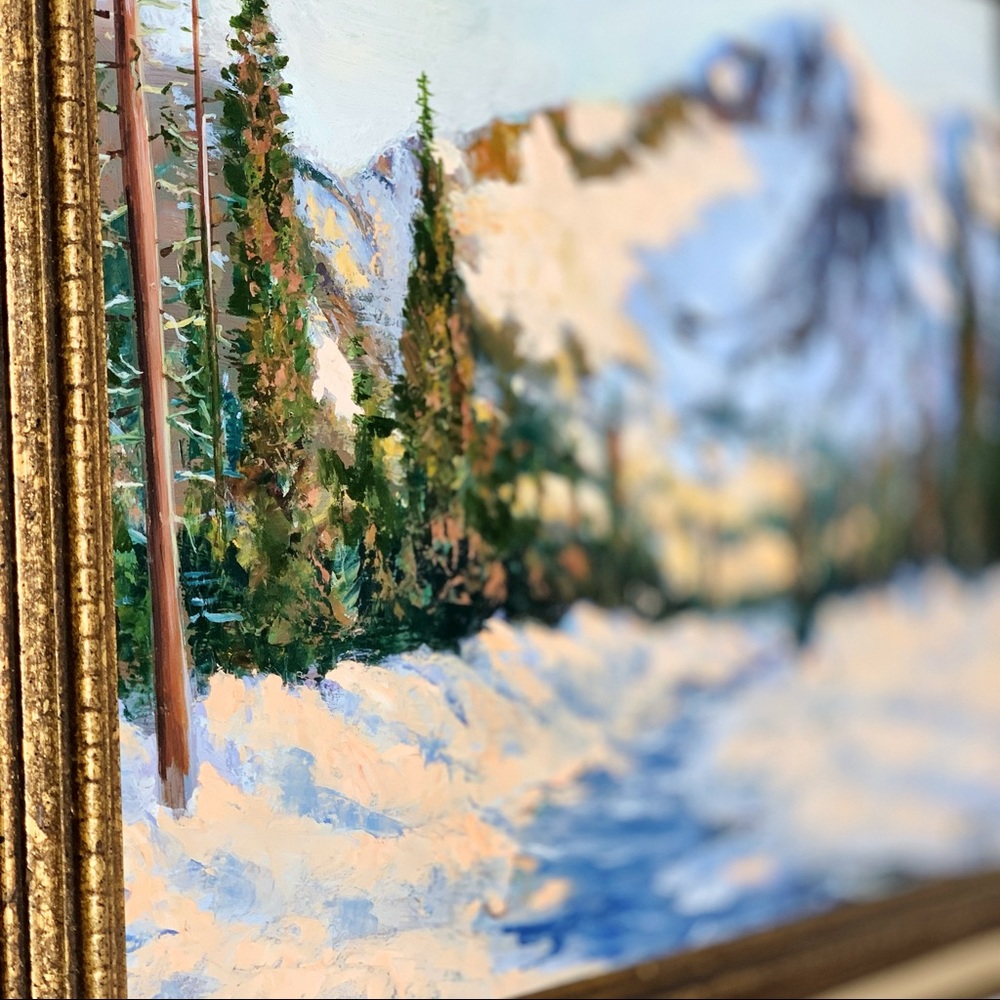 Original oil painting Winter Mountain Sunset 18 1/4” x 22 1/8” vintage/ framed
